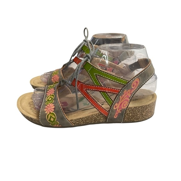 Spring Step L'Artiste 38 (7.5- 8 )Loma Lace Up Cork Wedge Sandals - Picture 2 of 14